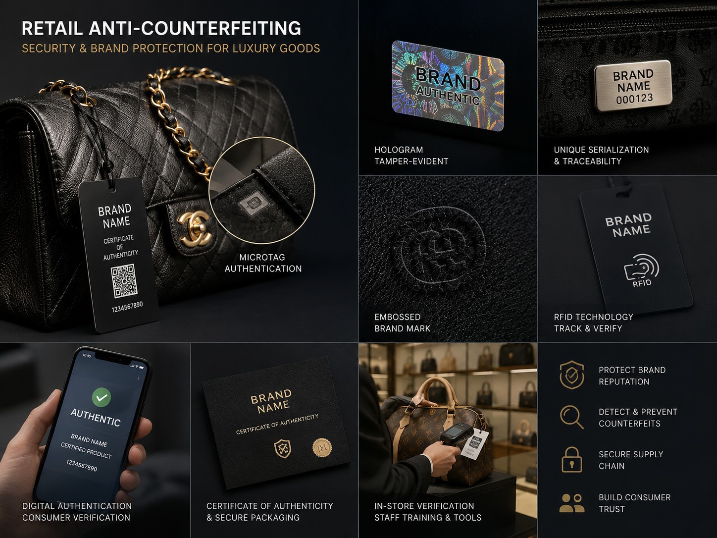 Retail anti-counterfeiting security and brand protection measures for luxury goods