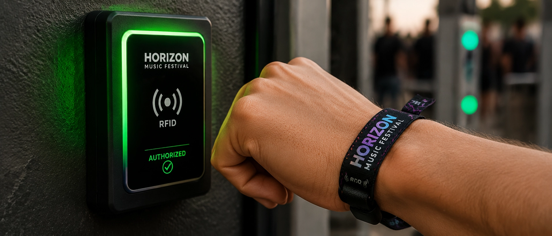Close-up of a custom woven RFID wristband tapping a contactless wall-mounted reader with successful green light authorization Close-up of a custom woven RFID wristband tapping a contactless wall-mounted reader with successful green light authorization