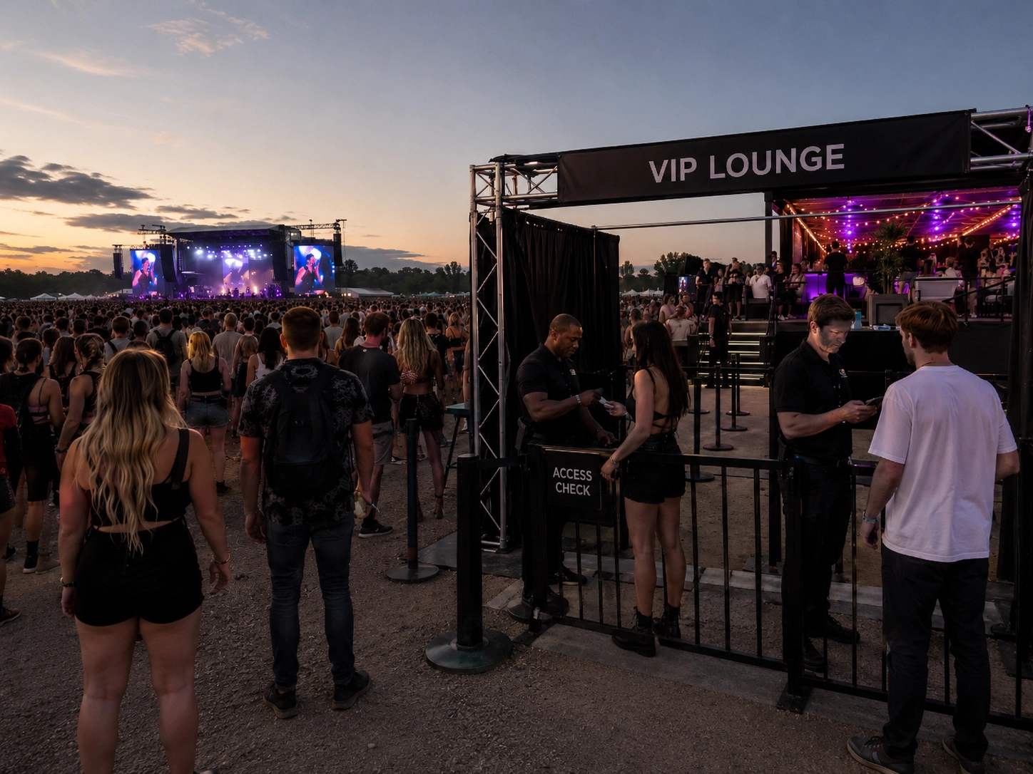 Crowd at a large music festival looking toward a VIP lounge access point, illustrating the need for secure VIP lanyard access control.