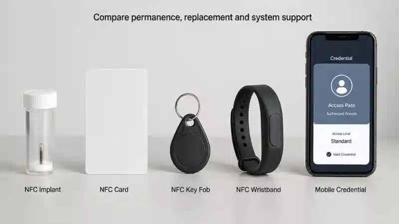 Comparison of NFC implant, card, key fob, wristband and mobile credential Comparison of NFC implant, card, key fob, wristband and mobile credential